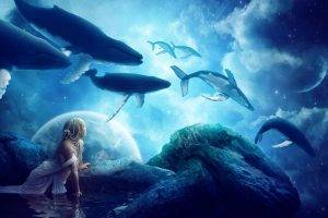 whale, Fantasy Art, Planet, Artwork, Clouds, Water, Reflection, Blue, Animals