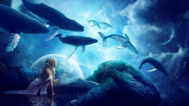 whale, Fantasy Art, Planet, Artwork, Clouds, Water, Reflection, Blue, Animals HD Wallpaper Desktop Background