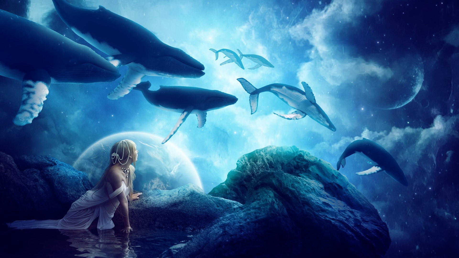 whale, Fantasy Art, Planet, Artwork, Clouds, Water, Reflection, Blue, Animals Wallpaper