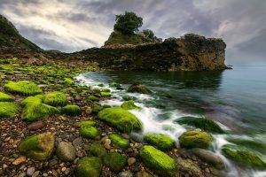 nature, Landscape, Water, Sea, Rock, Moss, Clouds, Coast, Stones, Waves, Cliff, Pebbles