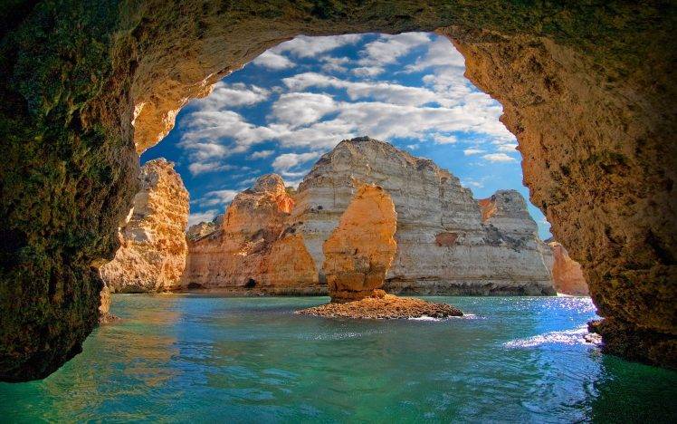 nature, Landscape, Cave, Sea, Island, Clouds, Portugal, Erosion, Water HD Wallpaper Desktop Background