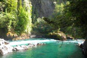 nature, Landscape, River, Mountain, Trees, Shrubs, Turquoise, Water, Rock, Chile