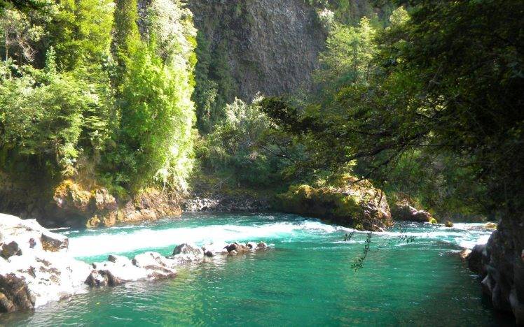 nature, Landscape, River, Mountain, Trees, Shrubs, Turquoise, Water, Rock, Chile HD Wallpaper Desktop Background
