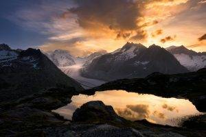 nature, Landscape, Sunrise, Mountain, Glaciers, Switzerland, Sky, Clouds, Reflection, Snowy Peak