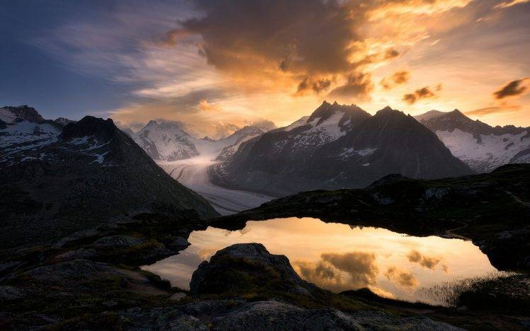 nature, Landscape, Sunrise, Mountain, Glaciers, Switzerland, Sky, Clouds, Reflection, Snowy Peak HD Wallpaper Desktop Background