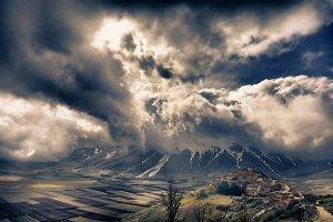 nature, Landscape, Mountain, Alps, Sky, Clouds, Valley, Italy, Village, Field, Storm, Snowy Peak