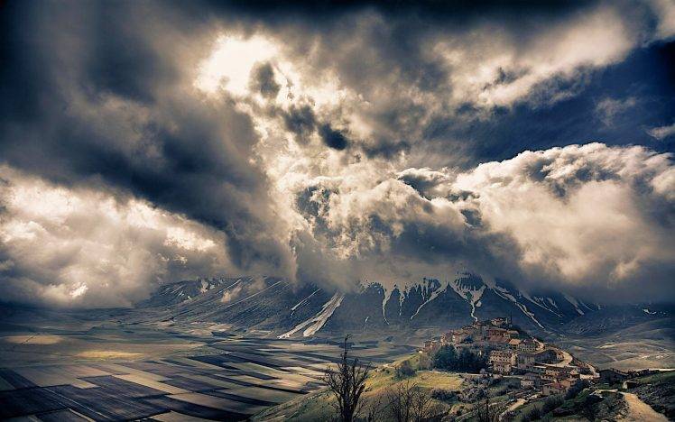 nature, Landscape, Mountain, Alps, Sky, Clouds, Valley, Italy, Village, Field, Storm, Snowy Peak HD Wallpaper Desktop Background