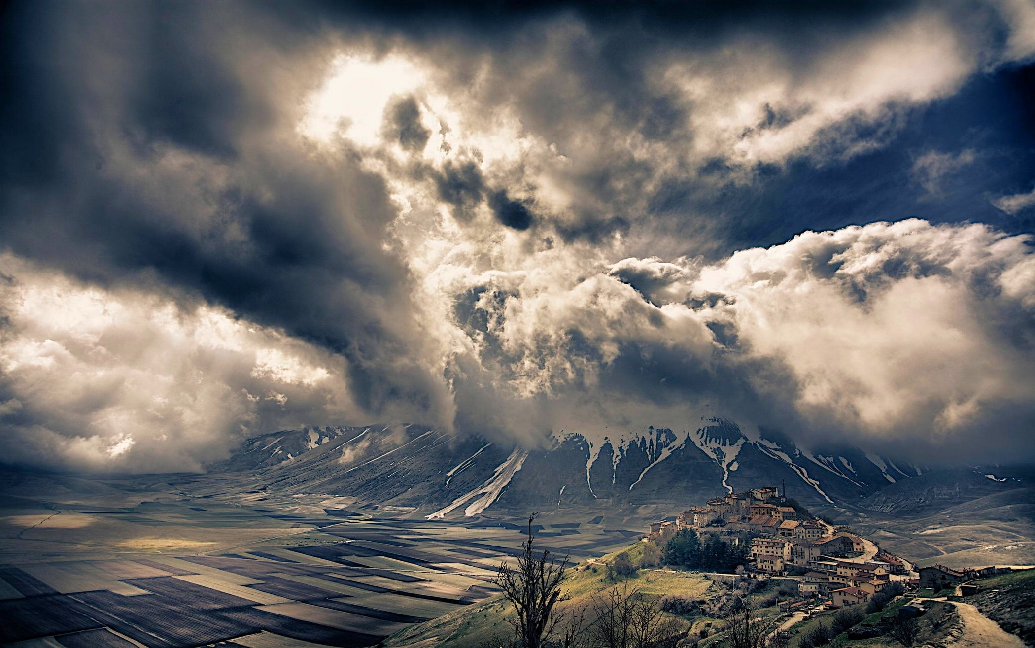nature, Landscape, Mountain, Alps, Sky, Clouds, Valley, Italy, Village, Field, Storm, Snowy Peak Wallpaper