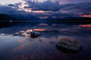 landscape, Glacier National Park, Lake, Montana, Sunrise, Mountain, Reflection, Sky, Clouds, Water, Stones, Calm, Nature