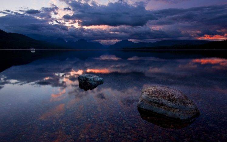 landscape, Glacier National Park, Lake, Montana, Sunrise, Mountain, Reflection, Sky, Clouds, Water, Stones, Calm, Nature HD Wallpaper Desktop Background
