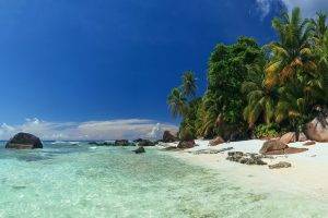 landscape, Beach, Nature, Palm Trees, Sea, Island, Seychelles, Sand, Tropical, Summer, Rock, Water, Vacations, Clouds