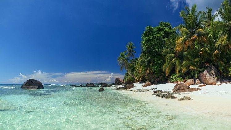 landscape, Beach, Nature, Palm Trees, Sea, Island, Seychelles, Sand, Tropical, Summer, Rock, Water, Vacations, Clouds HD Wallpaper Desktop Background