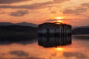 nature, Landscape, Water, Sun, Reflection, Clouds, Bulgaria, Lake, Old Building, Ruin, Church, Hill, Trees, Forest, Sunset, Dam, Stone, Birds, Spring