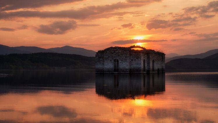 nature, Landscape, Water, Sun, Reflection, Clouds, Bulgaria, Lake, Old Building, Ruin, Church, Hill, Trees, Forest, Sunset, Dam, Stone, Birds, Spring HD Wallpaper Desktop Background