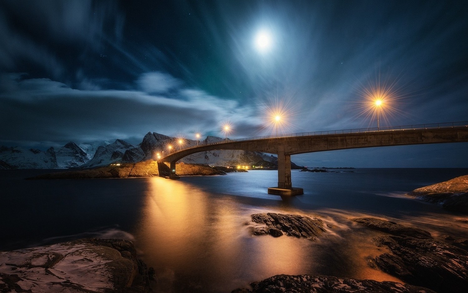 nature, Landscape, Night, Bridge, Lights, Moon, Clouds, Mountain, Island, Snow, Norway, Fjord, Sea, Rock, Water Wallpaper