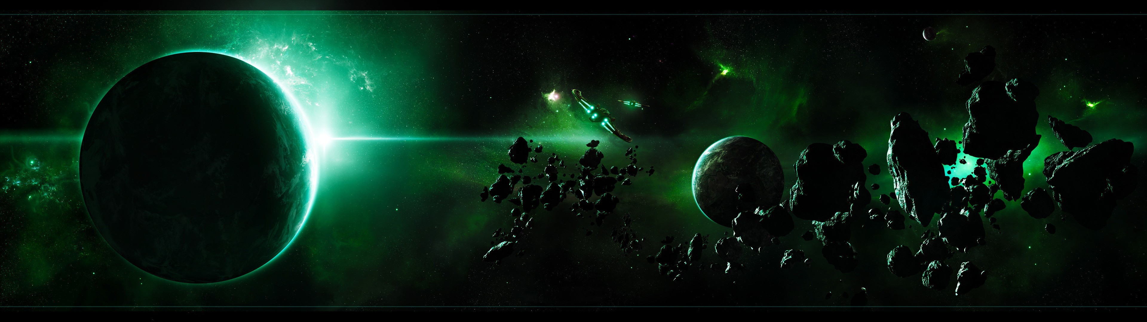 space Art, Space, Planet, Spaceship, Asteroid, Multiple Display Wallpaper