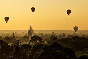 landscape, Nature, Sunrise, Hot Air Balloons, Temple, Panoramas, Mist, Forest