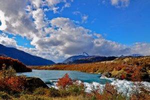 landscape, Nature, River, Trees, Rapids, Dry Grass, Shrubs, Mountain, Chile, Snowy Peak, Clouds, Fall, Morning