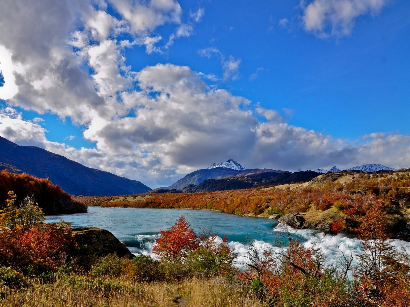 landscape, Nature, River, Trees, Rapids, Dry Grass, Shrubs, Mountain, Chile, Snowy Peak, Clouds, Fall, Morning Wallpaper