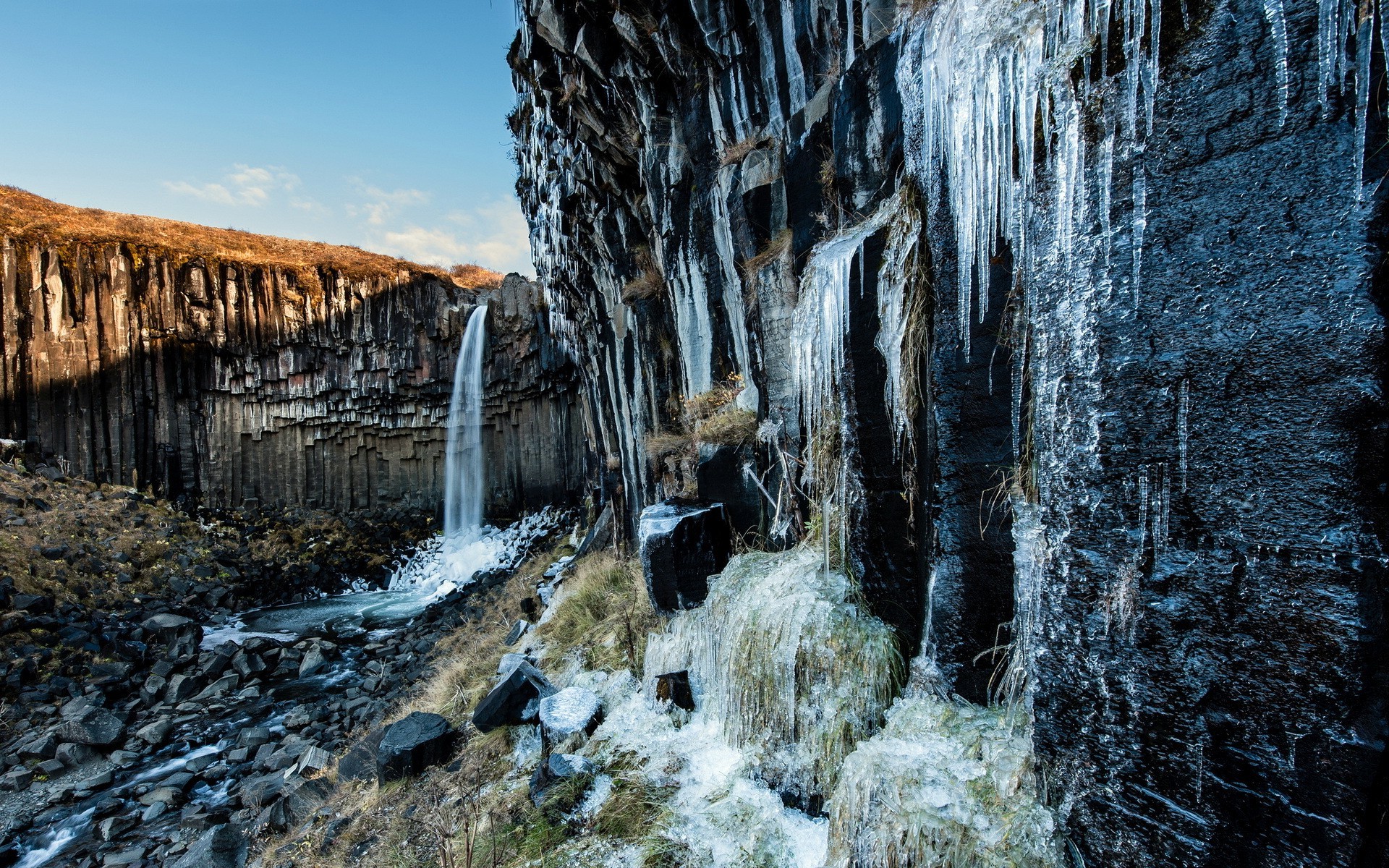 waterfall, Nature, Landscape, Icicle, Cliff, Sunlight, Shadow, Rock, Ice Wallpaper