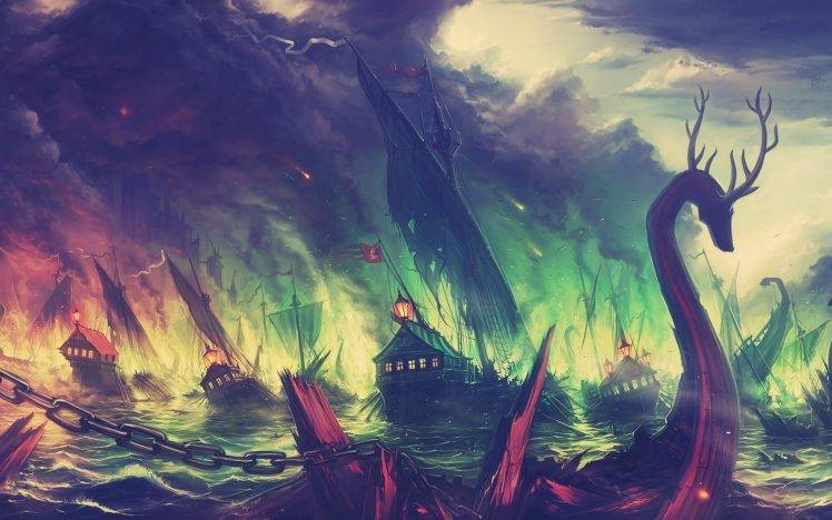 fantasy Art, Game Of Thrones, Blackwater, Fire, Boat, Colorful, Mountain, Landscape, Fall HD Wallpaper Desktop Background