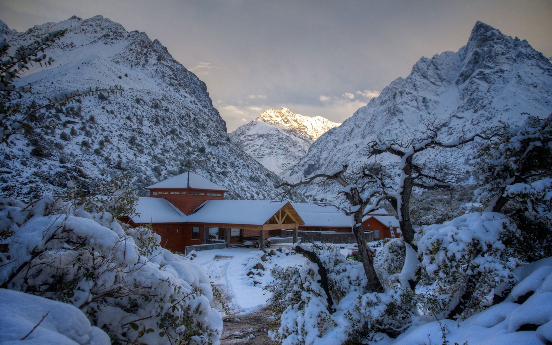 hotels, Mountain, Winter, Chile, Snow, Nature, Trees, Sunset, Landscape, Cold, Andes Wallpaper