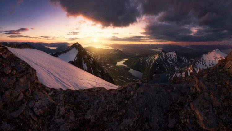 nature, Landscape, Mountain, Mist, Sky, Clouds, Sunset, Snow, Norway, Sea, Horizon HD Wallpaper Desktop Background