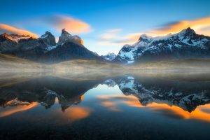 nature, Mist, Landscape, Sunset, Mountain, Lake, Reflection, Torres Del Paine, Chile, Water, Snowy Peak, Clouds