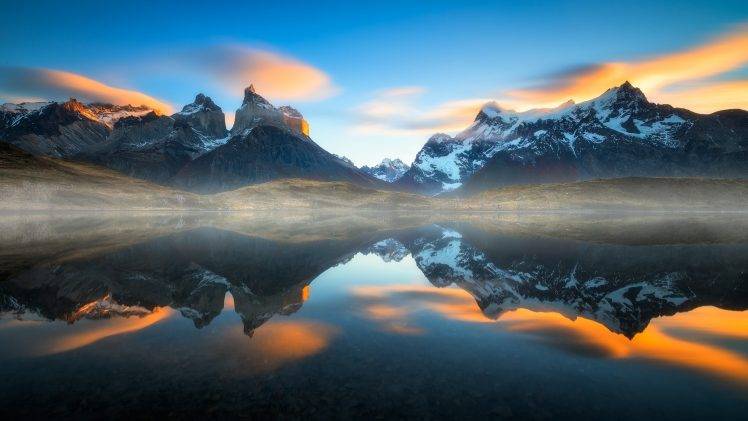 nature, Mist, Landscape, Sunset, Mountain, Lake, Reflection, Torres Del Paine, Chile, Water, Snowy Peak, Clouds HD Wallpaper Desktop Background