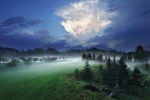 mist, Sky, Evening, Trees, Germany, Nature, Landscape, Clouds, Mountain, Spring, Grass