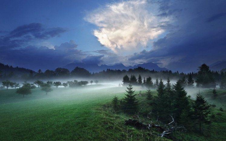 mist, Sky, Evening, Trees, Germany, Nature, Landscape, Clouds, Mountain, Spring, Grass HD Wallpaper Desktop Background