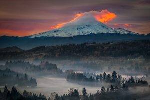 snowy Peak, Sunset, Mist, Oregon, Nature, Forest, Volcano, Mountain, Sky, Trees, Landscape