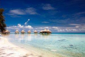 atolls, Island, Beach, French Polynesia, Nature, Landscape, Sea, Clouds, Tropical, Sky, Bungalow, Resort, Summer, Sand, Trees, Vacations