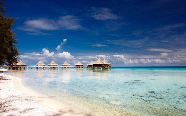 atolls, Island, Beach, French Polynesia, Nature, Landscape, Sea, Clouds, Tropical, Sky, Bungalow, Resort, Summer, Sand, Trees, Vacations HD Wallpaper Desktop Background