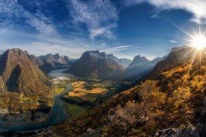landscape, Nature, Sun Rays, Morning, Shrubs, Mountain, River, Clouds, Town, Road, Mist, Summer, Norway, Field