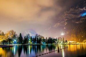 landscape, Nature, City, Lights, Mist, Mountain, Lake, Italy, Reflection, Night, Trees, Water