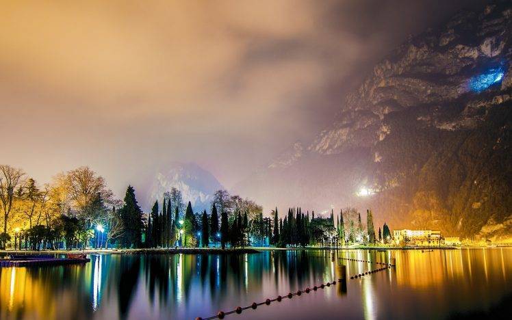 landscape, Nature, City, Lights, Mist, Mountain, Lake, Italy, Reflection, Night, Trees, Water HD Wallpaper Desktop Background