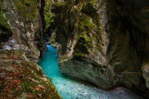 landscape, Nature, Canyon, River, Moss, Turquoise, Water, Slovenia, Rock