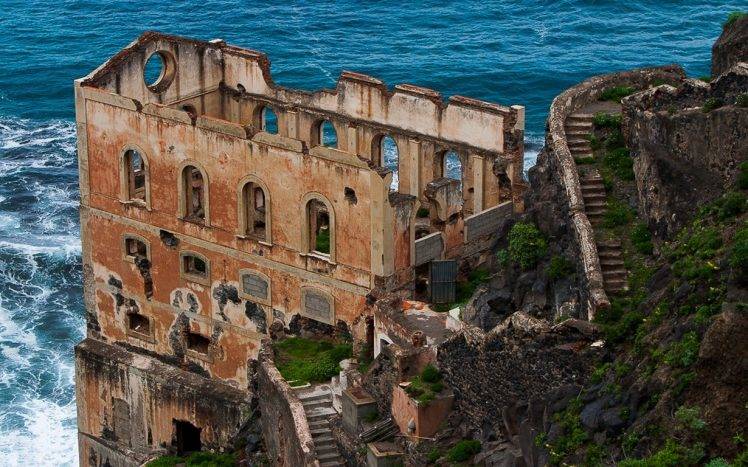 landscape, Nature, Sea, Coast, Old Building, Abandoned, Shrubs, Stairs, Walls, Spain HD Wallpaper Desktop Background