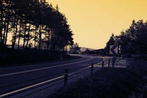 road, Landscape, Trees, Sunset, Fence, Road Sign, Evening, Shadow