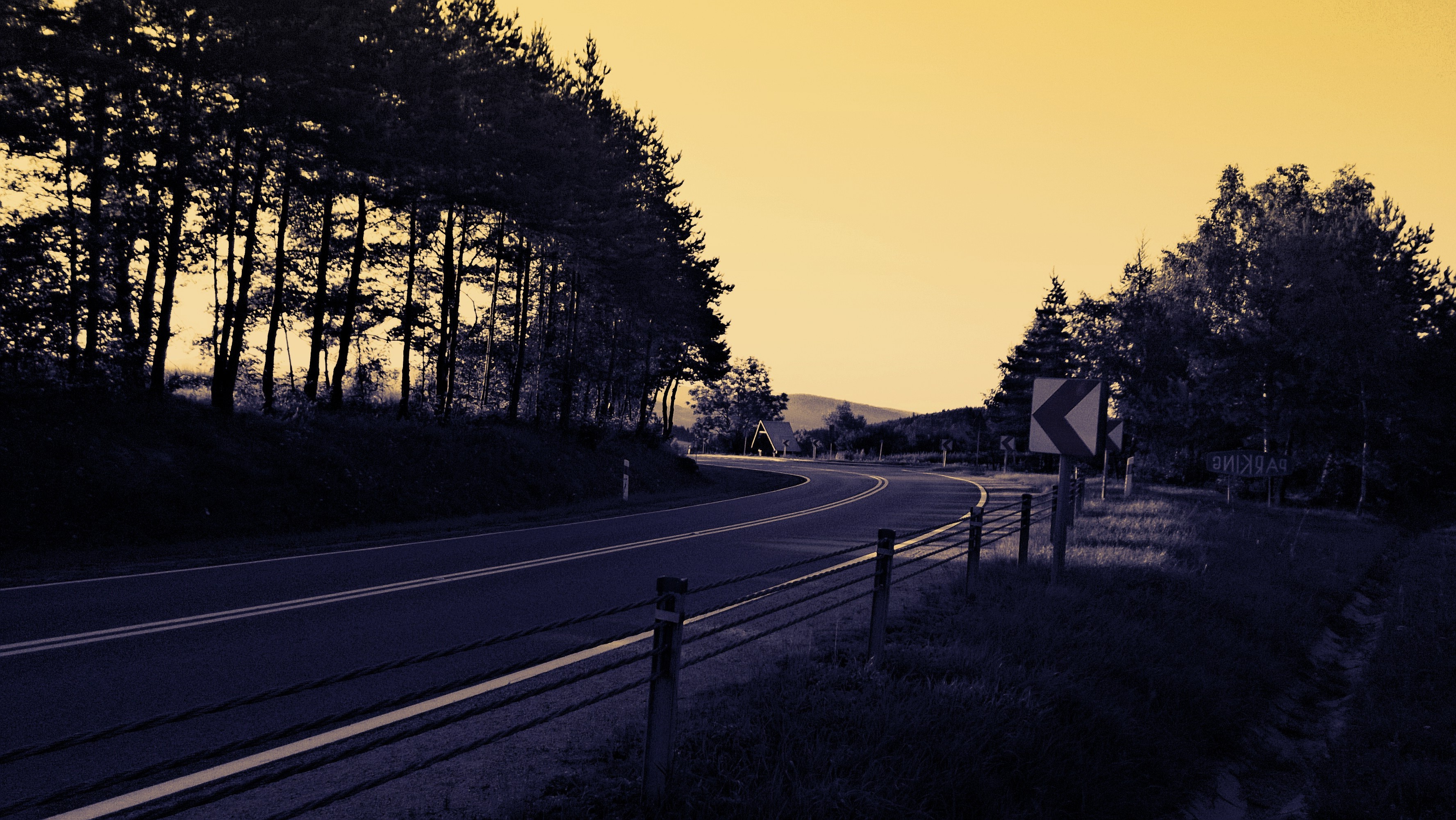 road, Landscape, Trees, Sunset, Fence, Road Sign, Evening, Shadow Wallpaper