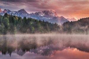 landscape, Nature, Lake, Forest, Mist, Mountain, Snowy Peak, Sunrise, Germany, Clouds, Reflection, Trees, Water