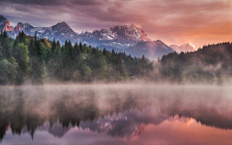 landscape, Nature, Lake, Forest, Mist, Mountain, Snowy Peak, Sunrise, Germany, Clouds, Reflection, Trees, Water HD Wallpaper Desktop Background