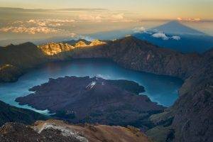 nature, Landscape, Crater, Lake, Mountain, Sunrise, Shadow, Clouds, Water, Sky, Indonesia