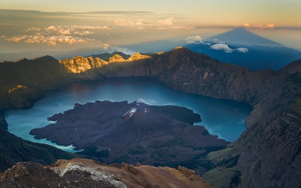 nature, Landscape, Crater, Lake, Mountain, Sunrise, Shadow, Clouds, Water, Sky, Indonesia Wallpaper