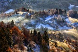 nature, Landscape, Mountain, Village, Trees, Fall, Sunrise, Snow, Mist, Slovenia