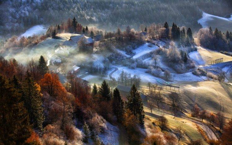 nature, Landscape, Mountain, Village, Trees, Fall, Sunrise, Snow, Mist, Slovenia HD Wallpaper Desktop Background