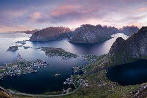nature, Landscape, Sunrise, Island, Norway, Town, Sea, Road, Summer, Clouds, Panoramas
