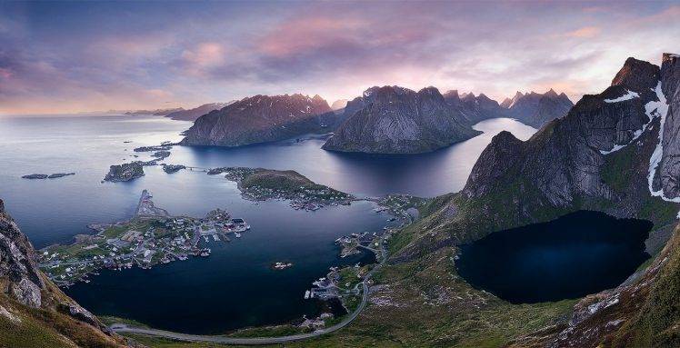 nature, Landscape, Sunrise, Island, Norway, Town, Sea, Road, Summer, Clouds, Panoramas HD Wallpaper Desktop Background