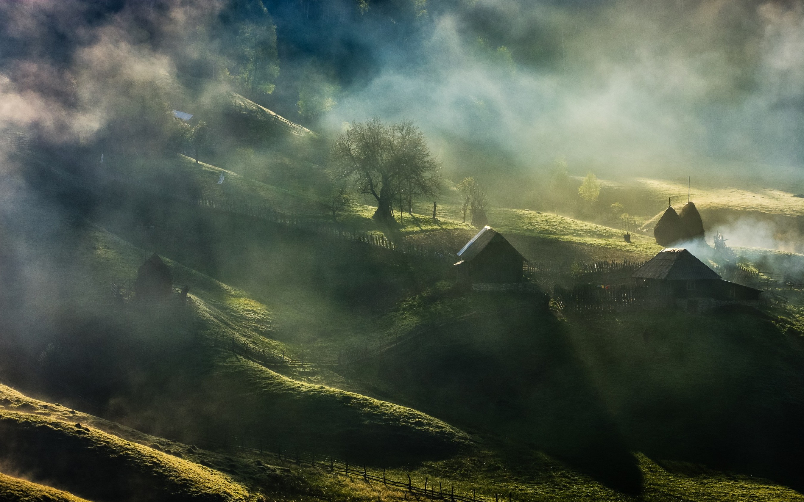 nature, Landscape, Fairy Tale, Mist, Sunrise, Village, Trees, Grass, House, Fence, Hill, Romania Wallpaper
